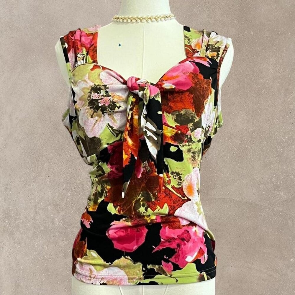 🌹5 for $50🌹Floral Tie-Front Sleeveless Blouse in Pink & Green
